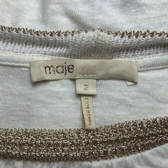 MAJE Tellor Embellished Linen T-Shirt Top Ivory/Cream Gold Trim Size 2 (Medium) - Picture 4 of 9